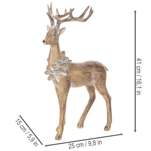 Dekofigur Hirsch stehend aus Polyresin mit Geweih und Tannenzapfen 41 cm gold-silber | Floristik24.at