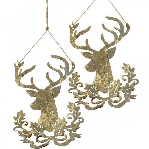 Artikel Rentier zum Hängen, Weihnachtsdeko, Hirschkopf, Metallanhänger Golden Antik-Optik H23cm 2 St