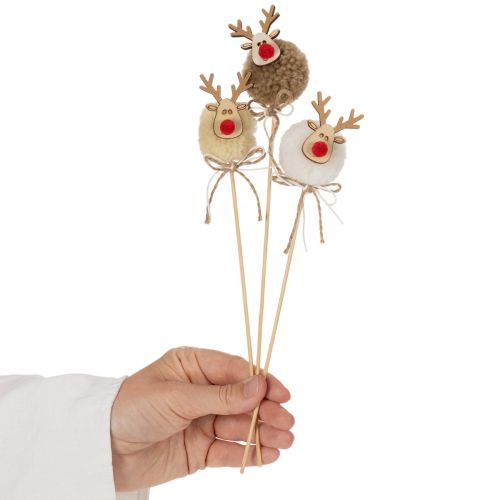 Dekostecker Rentierfigur 24 cm Holz Stoff Pompom Braun Beige Weiß Innenbereich 12 Stück | Floristik24.at