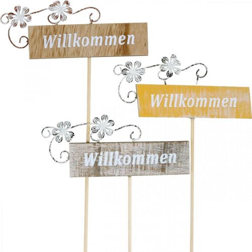 Floristik24 Rustikales Willkommensschild, Blumenstecker, Holzschild mit floraler Deko, Pflanzendeko 6St