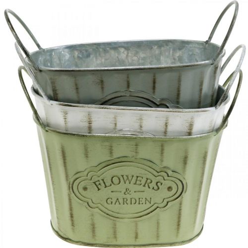 Floristik24 Blumentopf aus Metall Pflanzschale mit Griffen Grün, Weiß, Grau L24cm H14,5cm 3St