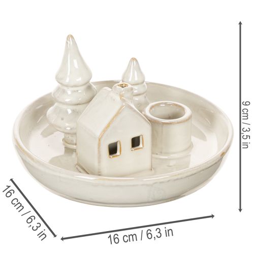 Deko-Kerzenhalter Keramik mit Haus- und Baum-Motiv 16 cm grau-weiß | Floristik24.at