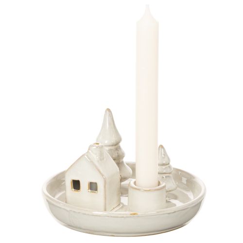 Deko-Kerzenhalter Keramik mit Haus- und Baum-Motiv 16 cm grau-weiß | Floristik24.at