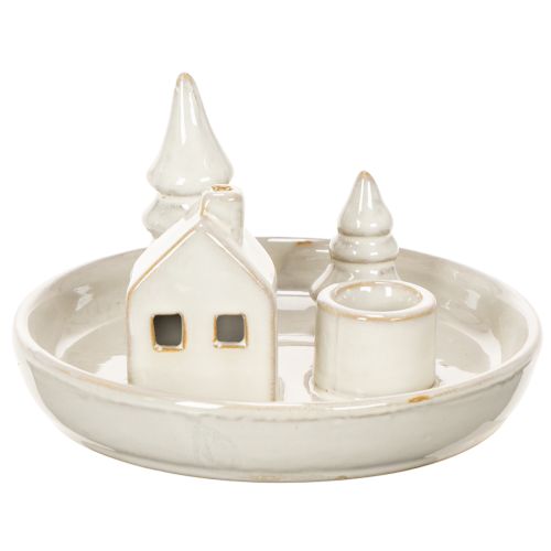 Deko-Kerzenhalter Keramik mit Haus- und Baum-Motiv 16 cm grau-weiß | Floristik24.at