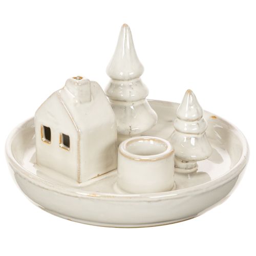 Deko-Kerzenhalter Keramik mit Haus- und Baum-Motiv 16 cm grau-weiß | Floristik24.at