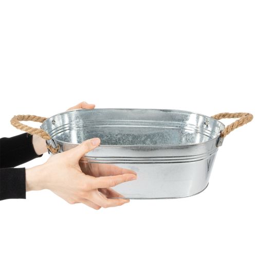 Schale oval aus Zink mit Seilgriffen 35x21,5x11,5 cm glänzend silber | Floristik24.at