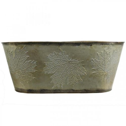 Artikel Herbsttopf, Pflanzschale mit Blättern, Metalldeko Golden L38cm H15cm