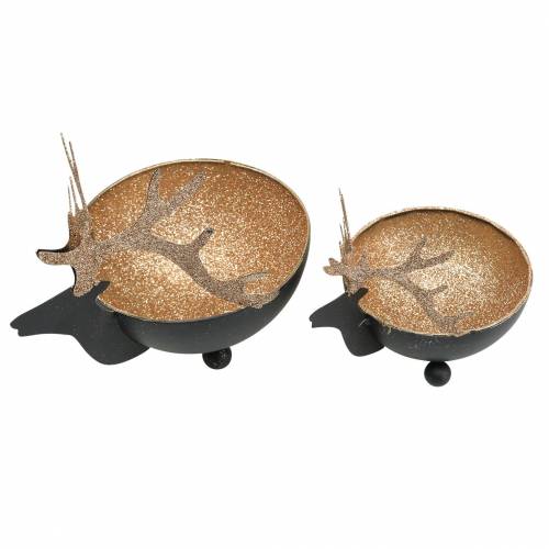 Artikel Schale mit Rentierkopf Schwarz, Golden Metall Ø11/14cm 2er-Set