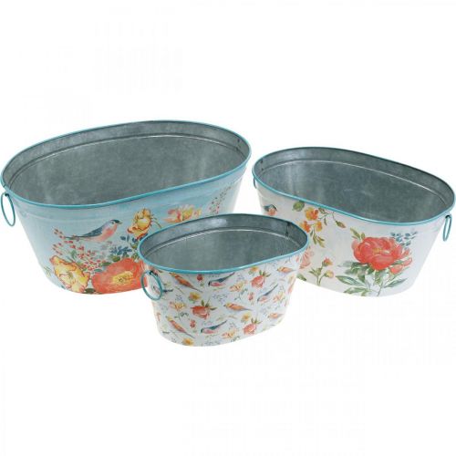 Floristik24 Pflanzschalen, Frühling, Pflanzkübel Blumen/Vögel, Metallgefäß oval L39/31/24,5cm 3er-Set