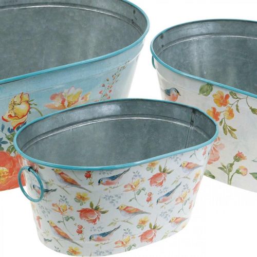 Artikel Pflanzschalen, Frühling, Pflanzkübel Blumen/Vögel, Metallgefäß oval L39/31/24,5cm 3er-Set