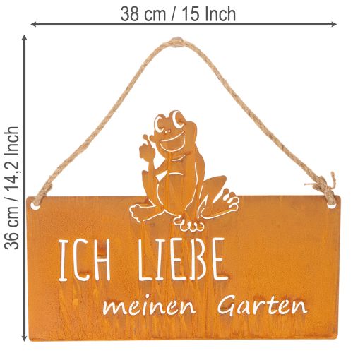 Schild aus Metall mit Frosch-Motiv und Gartenspruch in Edelrostoptik, 38cm | Floristik24.at