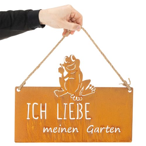 Schild aus Metall mit Frosch-Motiv und Gartenspruch in Edelrostoptik, 38cm | Floristik24.at