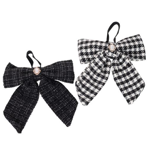 Karierte Stoffschleife mit Brosche und Aufhänger 24 cm Schwarz-Weiß 2er-Set
