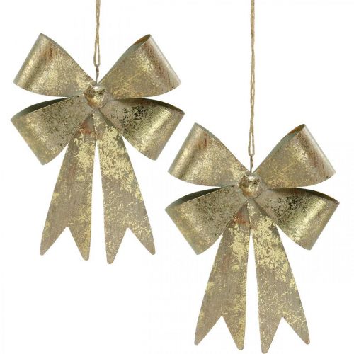 Floristik24 Schleifen aus Metall, Weihnachtsanhänger, Adventsdeko Golden, Antik-Optik H18cm B12,5cm 2St