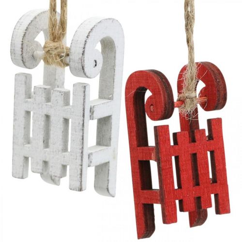 Floristik24 Deko-Schlitten zum Hängen, Christbaumschmuck, Winterdeko Weiß / Rot L4,5cm 12St