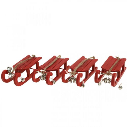 Floristik24 Deko Schlitten Holz Rot mit Glöckchen Kordel L13cm 4St