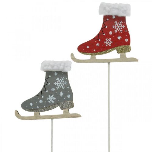 Floristik24 Dekostecker-Schlittschuhe, Weihnachtsdeko, Holzstecker Grau, Rot L32cm 8St