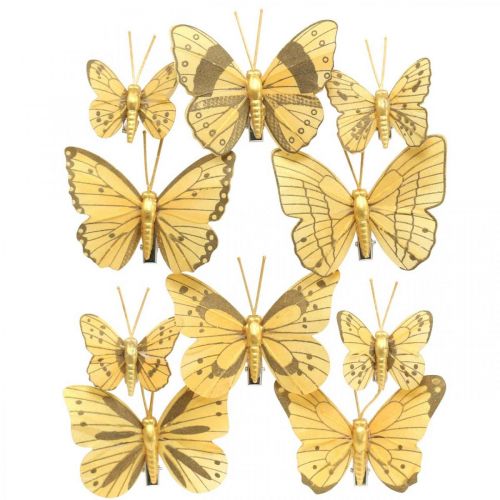 Floristik24 Feder Schmetterling mit Clip Golden Frühlingsdeko 6cm 10St im Set