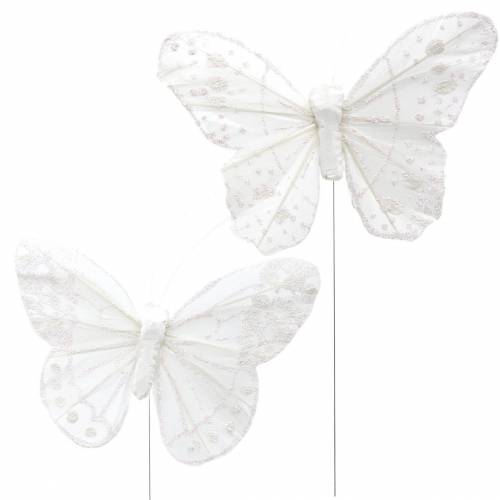 Floristik24 Federschmetterling am Draht Weiß mit Glitzer 10cm 12St