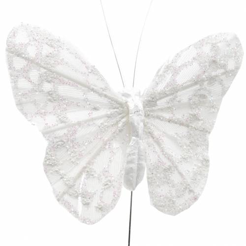 Floristik24 Federschmetterling mit Draht Weiß, Glitter 5cm 24 St