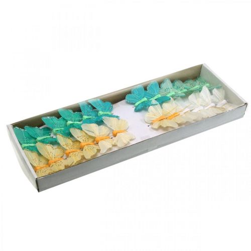 Floristik24 Schmetterling mit Glitter, Dekostecker, Federschmetterling Frühling Gelb, Türkis, Grün 4×6,5cm 24 St