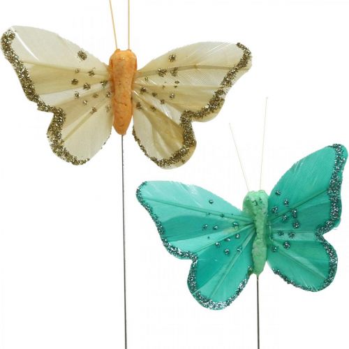 Floristik24 Schmetterling mit Glitter, Dekostecker, Federschmetterling Frühling Gelb, Türkis, Grün 4×6,5cm 24 St