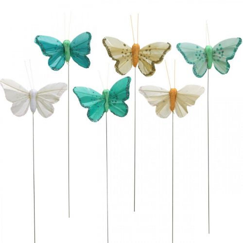 Floristik24 Schmetterling mit Glitter, Dekostecker, Federschmetterling Frühling Gelb, Türkis, Grün 4×6,5cm 24 St