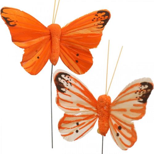 Floristik24 Deko-Schmetterlinge, Blumenstecker, Federschmetterling am Draht Gelb, Orange 4×6,5cm 12St