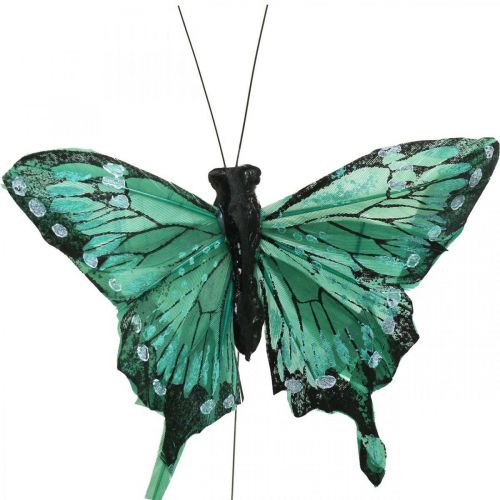 Artikel Deko-Schmetterlinge, Frühlingsdeko, Federschmetterlinge, Pflanzenstecker Grün, Braun 9,5×12,5cm 12St