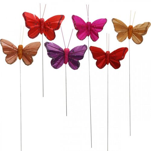 Floristik24 Frühling, Federschmetterlinge mit Glimmer, Deko-Schmetterling Rot, Orange, Pink, Violett 4×6,5cm 24 St