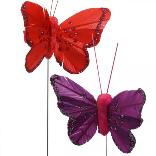 Floristik24 Frühling, Federschmetterlinge mit Glimmer, Deko-Schmetterling Rot, Orange, Pink, Violett 4×6,5cm 24 St