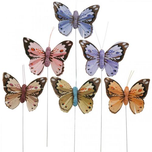 Floristik24 Federschmetterlinge, Deko-Schmetterlinge am Stab, Blumenstecker Rosa, Orange, Violett, Braun, Blau, Beige 6×8cm 12St