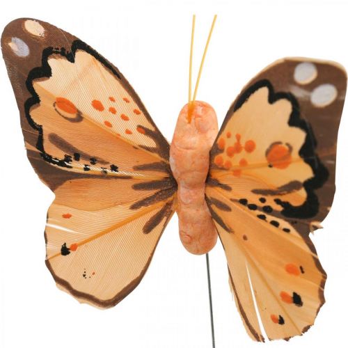 Artikel Federschmetterlinge, Deko-Schmetterlinge am Stab, Blumenstecker Rosa, Orange, Violett, Braun, Blau, Beige 6×8cm 12St