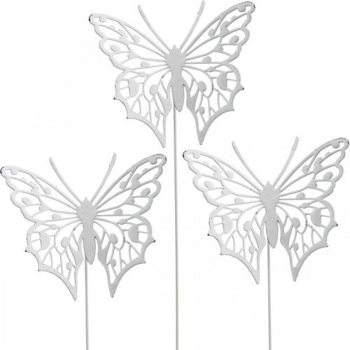 Floristik24 Blumenstecker Schmetterling, Gartendeko Metall, Pflanzenstecker Shabby Chic Weiß, Silbern L51cm 3St