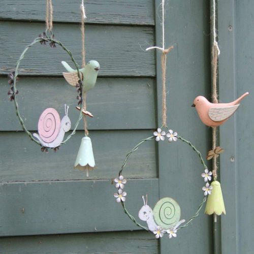 Floristik24 Dekoring mit Schnecke, Frühlingsdeko, Metalldeko Grün / Rosa Ø14,5cm 2er-Set
