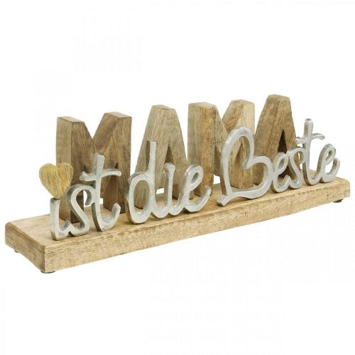 Schriftzug „Mama“ zum Stellen, Deko zum Muttertag, Mangoholz Natur, Silbern L38,5cm H9,5cm