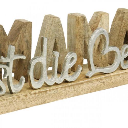 Schriftzug „Mama“ zum Stellen, Deko zum Muttertag, Mangoholz Natur, Silbern L38,5cm H9,5cm
