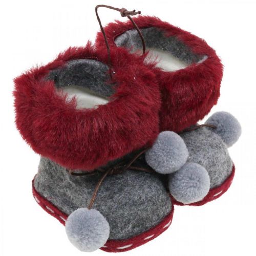 Floristik24 Christbaumschmuck Stiefel mit Bommel 8cm Grau/Rot 3St