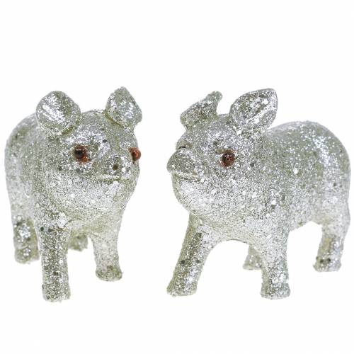 Floristik24 Deko Schwein Glitter Silber 10cm 8St