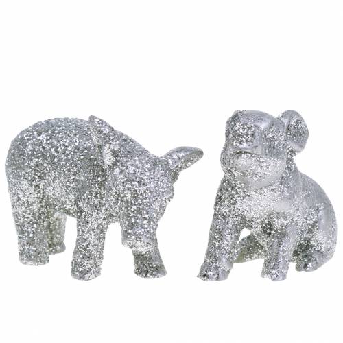 Deko Schwein Silvester-Deko Silber Glitzer 3,5cm 2St