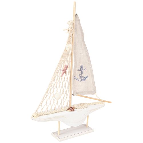 Segelboot Deko Holz Pinie auf Sockel Natur Weiß H39cm
