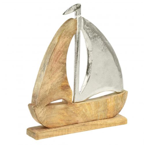 Floristik24 Segelschiff Deko Natur Silber Mangoholz 25,5x4x28,5cm