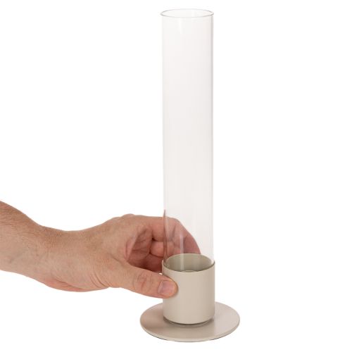 Stabkerzenhalter aus Metall mit Glaszylinder und Sockel 31 cm Taupe | Floristik24.at