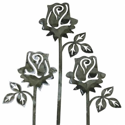 Floristik24 Metallstecker Rose Silber-Grau, Weiß gewaschen Metall 20cm × 8cm 12 St