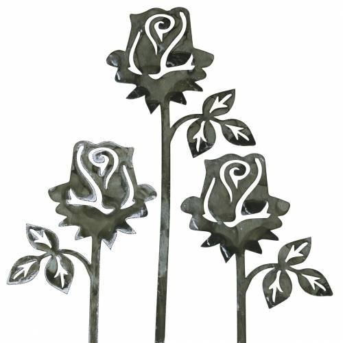 Floristik24 Metallstecker Rose Silber-Grau, Weiß gewaschen Metall 20cm × 8cm 12St