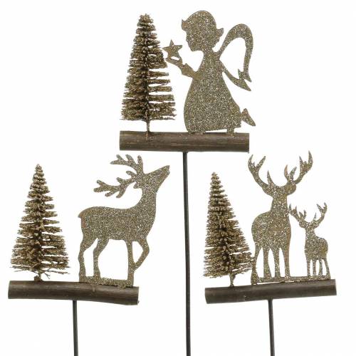 Dekostecker Rentiere und Engel mit Tanne Gold-Glitter Holz H45cm 3St