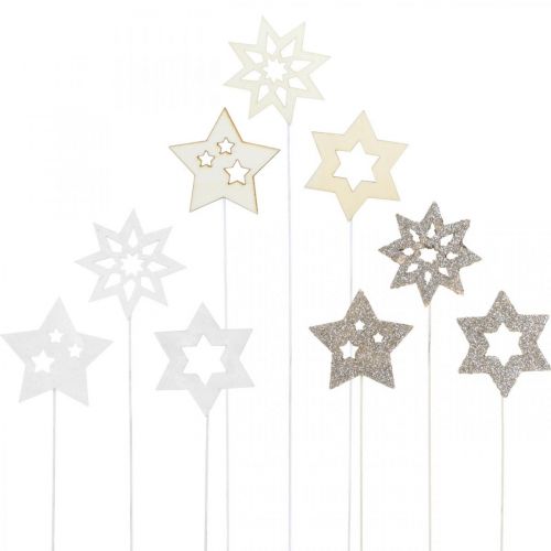 Floristik24 Blumenstecker-Sterne, Advent, Blumendeko, Holzsterne Natur, Weiß, Goldglitter L27/28,5cm 18 St