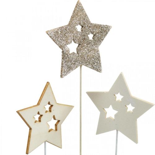 Floristik24 Blumenstecker-Sterne, Advent, Blumendeko, Holzsterne Natur, Weiß, Goldglitter L27/28,5cm 18 St