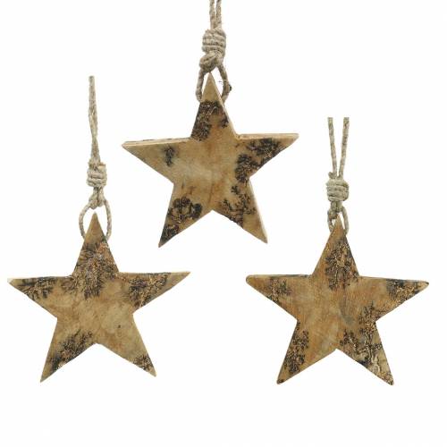 Floristik24 Sterne aus Holz mit Glitterintarsien zum Hängen Natur Mangoholz 6,4–7,1cm × 7–7,8cm 3St