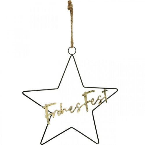 Sterndeko "Frohes Fest", Metallstern zum Hängen, Dekoring für den Advent Schwarz, Golden 41×39,5cm